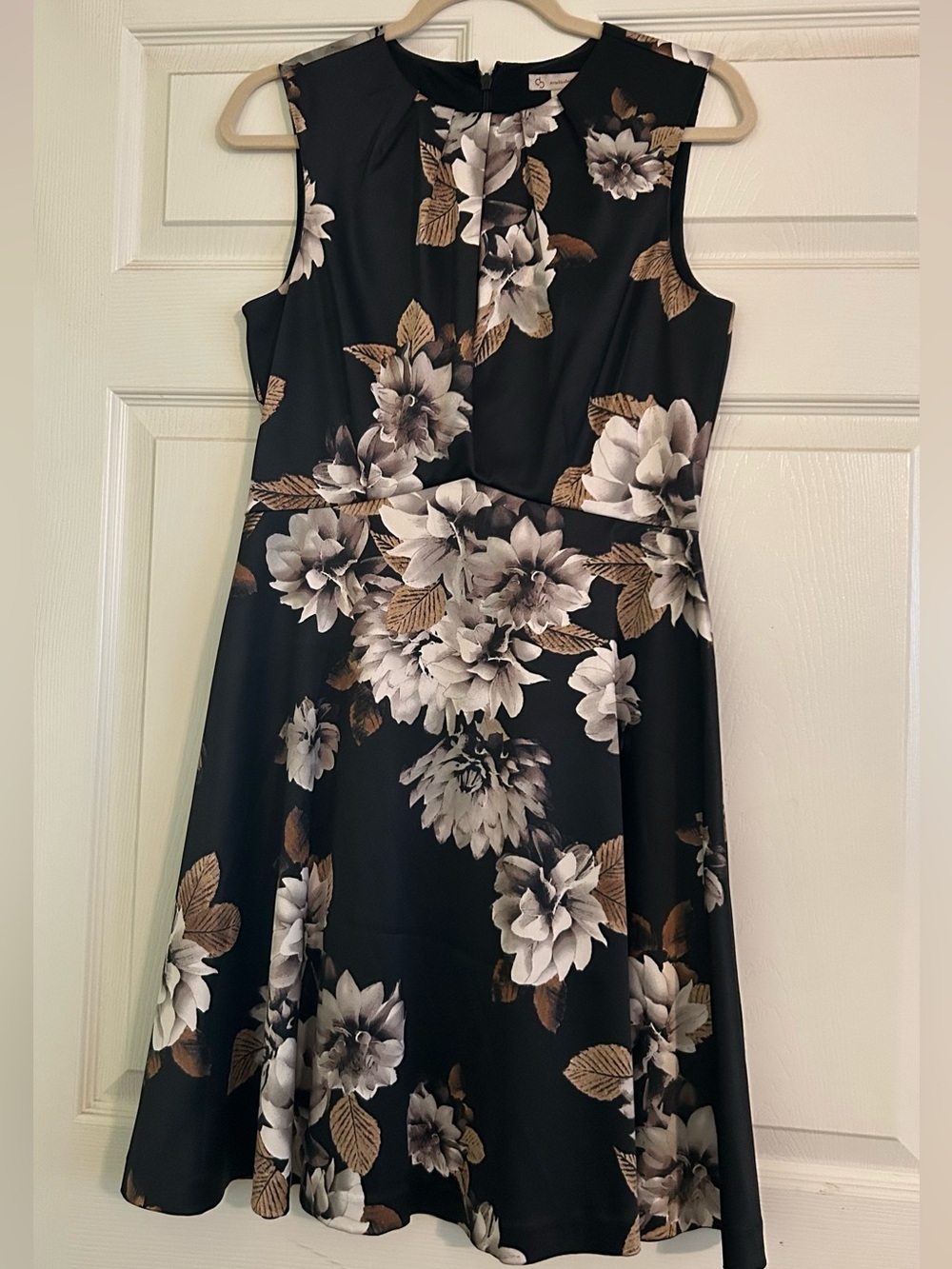 Dress Barn Black Sleeveless Midi Dress with White and Brown Floral Print